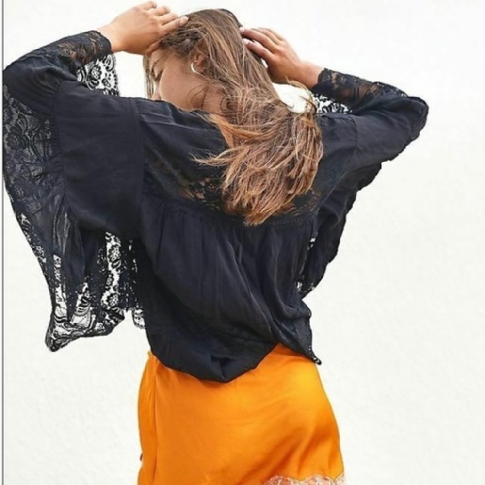 NWT Free People Black Lace Bell Sleeves Bodysuit Size S
